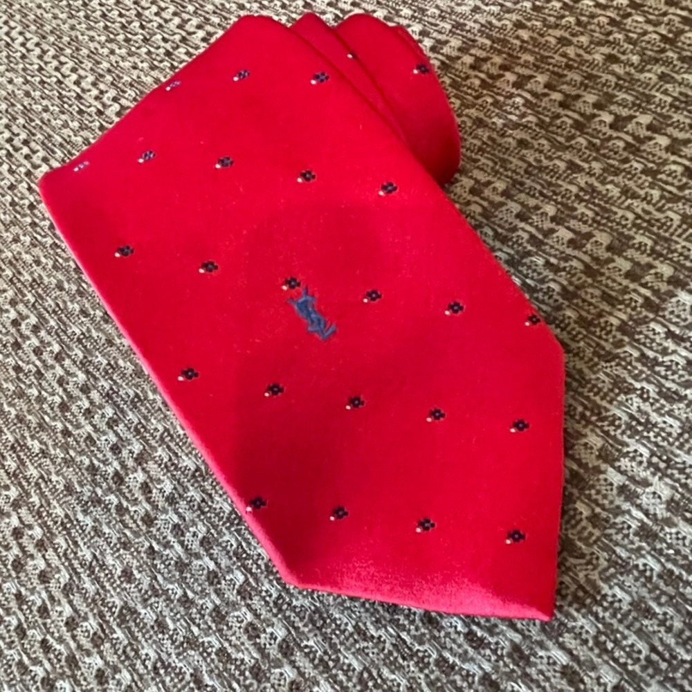 Yves Saint Laurent Necktie Mens Red Geometric Embroidered Logo Silk Formal